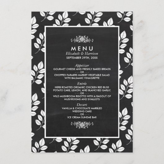 Menu Mariage feuille florale tableau noir (Devant)
