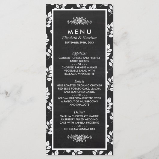 Menu Mariage feuille florale tableau noir (Devant)