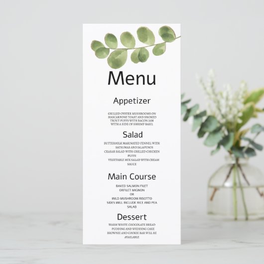 Menu Mariage feuille simple or vert eucalyptus (Debout devant)