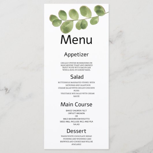 Menu Mariage feuille simple or vert eucalyptus (Devant)