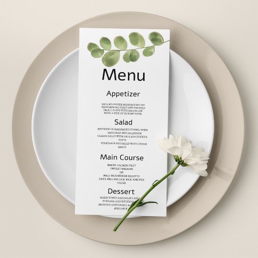 Menu Mariage feuille simple or vert eucalyptus