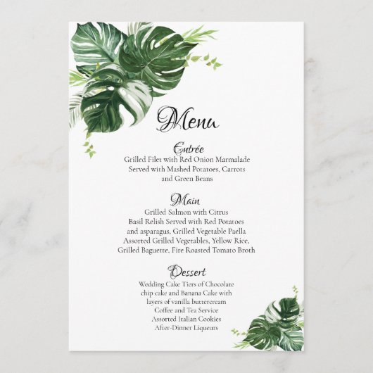 Menu Mariage Feuille Tropical Green Monstera (Devant)