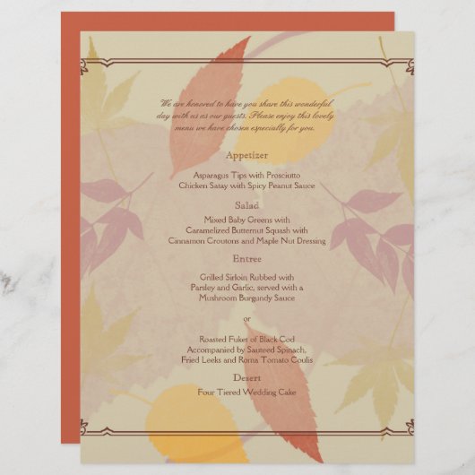 Menu Mariage Feuilles de automne rustique (Devant / Derrière)