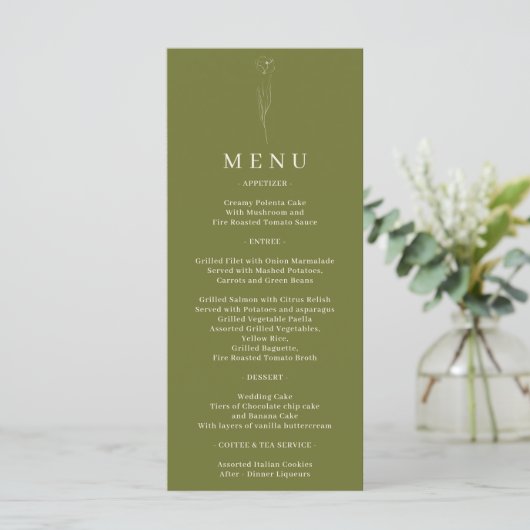 Menu Mariage Fleur Art Vert Olive (Debout devant)