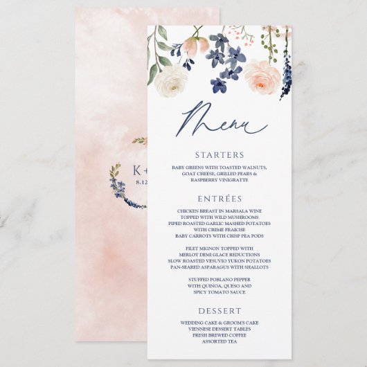 Menu Mariage Fleur Botanique Florale Pêche et Bleu (Devant / Derrière)