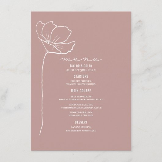 Menu Mariage Fleur d'art en ligne rose rustique (Devant)