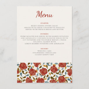 Menu Mariage Fleur de Rose Rouge Dorée Élégante Poussié