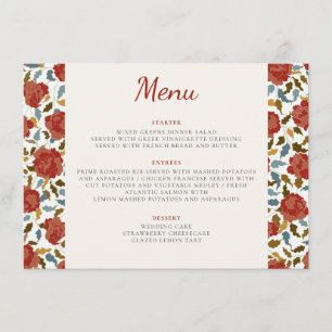 Menu Mariage Fleur de Rose Rouge Dorée Élégante Poussié