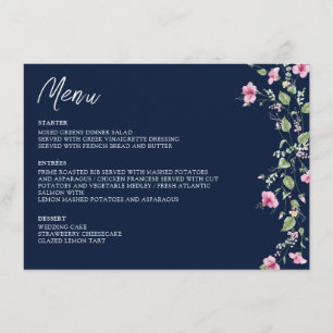 Menu Mariage Fleur d'Hibiscus Rose Bleu Navy Poussiéreu