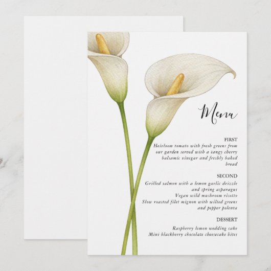Menu Mariage Fleur Moderne de Lys de Calla Blanc (Devant / Derrière)