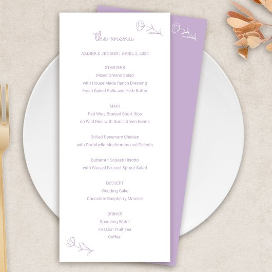 Menu Mariage fleur sauvage à Lilac