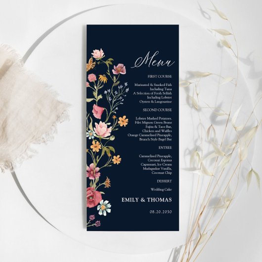 Menu Mariage Fleur sauvage bleu marine
