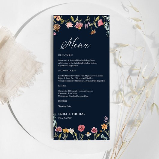 Menu Mariage Fleur sauvage bleu marine