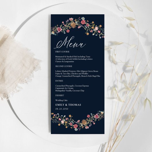 Menu Mariage Fleur sauvage bleu marine