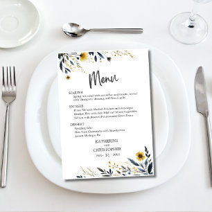 Menu Mariage Fleur sauvage Blue Yellow Watercolor