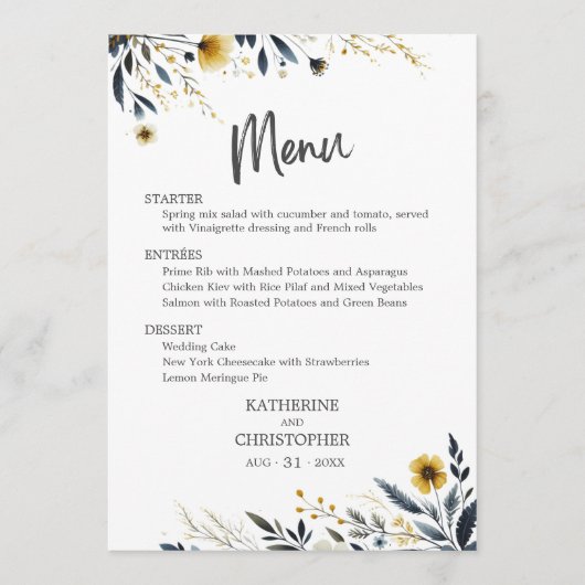 Menu Mariage Fleur sauvage Blue Yellow Watercolor (Devant)
