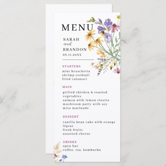 Menu Mariage Fleur sauvage Boho (Devant / Derrière)