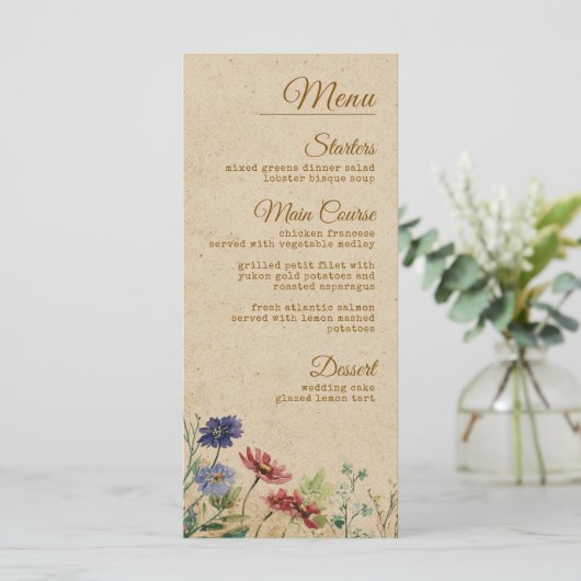 Menu Mariage Fleur sauvage Boho rustique frontière beig (Debout devant)