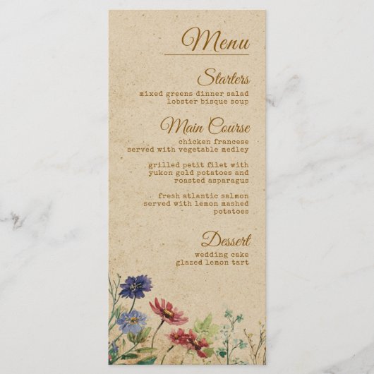 Menu Mariage Fleur sauvage Boho rustique frontière beig (Devant)