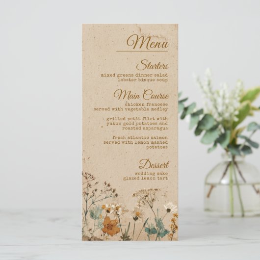 Menu Mariage Fleur sauvage Boho rustique frontière beig (Debout devant)