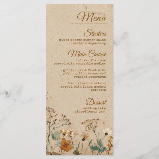 Menu Mariage Fleur sauvage Boho rustique frontière beig (Devant)