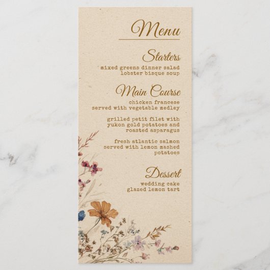 Menu Mariage Fleur sauvage Boho rustique frontière beig (Devant)