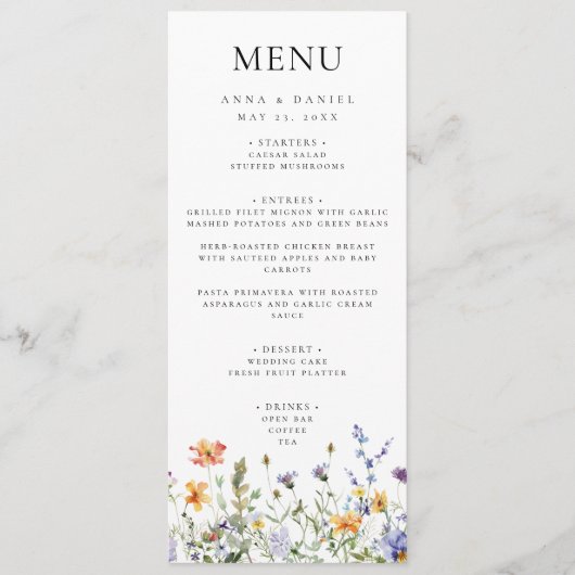 Menu Mariage Fleur sauvage coloré (Devant)