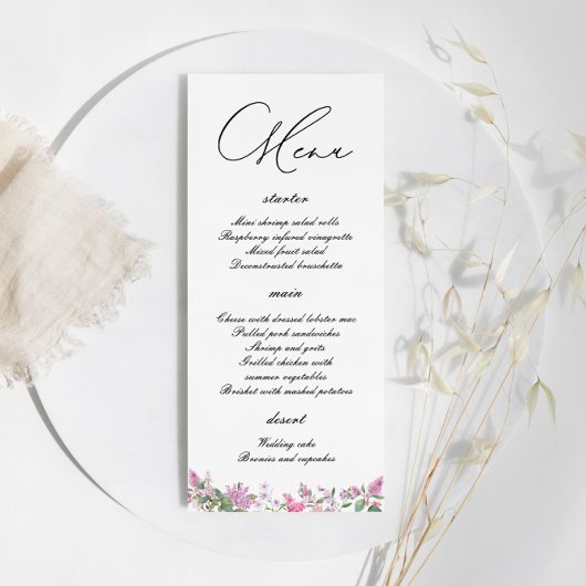 Menu Mariage Fleur sauvage moderne Lilac Watercolor