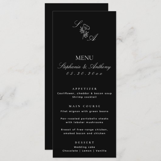 Menu Mariage Fleur sauvage noir et blanc Monogramme (Devant / Derrière)