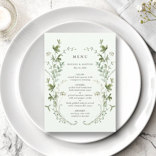 Menu Mariage Fleur sauvage Pale Green Elegant