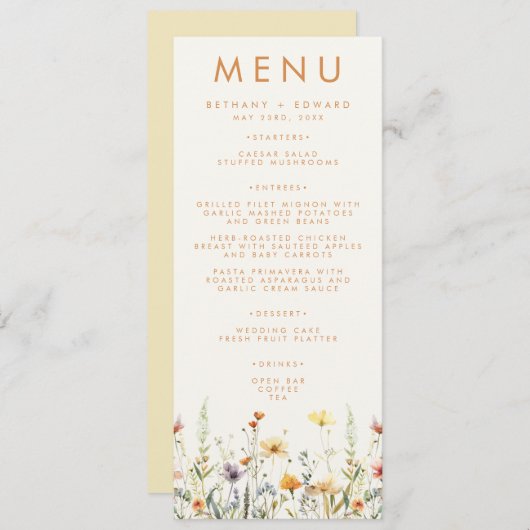 Menu Mariage Fleur sauvage rustique (Devant / Derrière)