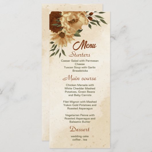 Menu mariage fleuri rustique en terre cuite (Devant / Derrière)