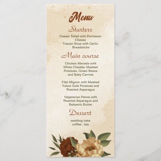 Menu mariage fleuri rustique en terre cuite (Devant)