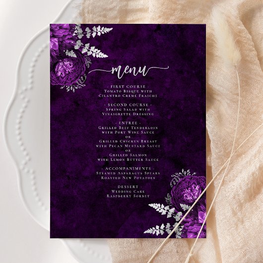 Menu Mariage Fleurie Argent Élégant Prune