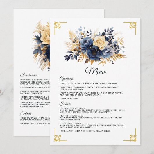 Menu Mariage Fleurie Bleu Marine et Or (Devant / Derrière)
