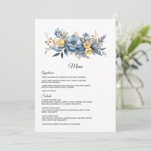 Menu Mariage Fleurie Bleu Poussiéreux et Or (Debout devant)