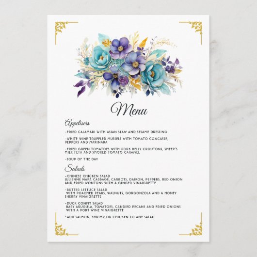 Menu Mariage Fleurie Bleu Vert, Violet et Or (Devant)