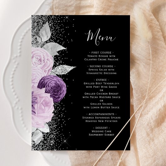 Menu Mariage Fleurie Violet Argent Pailleté Noir