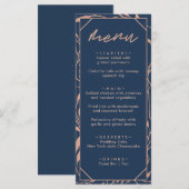 Menu Mariage Fleuris Bleu Nuit et Or Rose Moderne (Devant / Derrière)