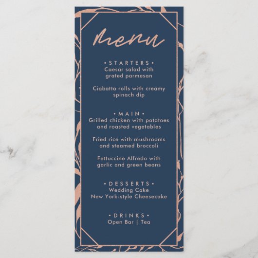 Menu Mariage Fleuris Bleu Nuit et Or Rose Moderne (Devant)