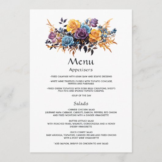 Menu Mariage Fleuris Bleu, Violet, Or et Noir (Devant)