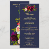 Menu Mariage Fleuris Script Bleu Marine Bourgogne (Devant / Derrière)