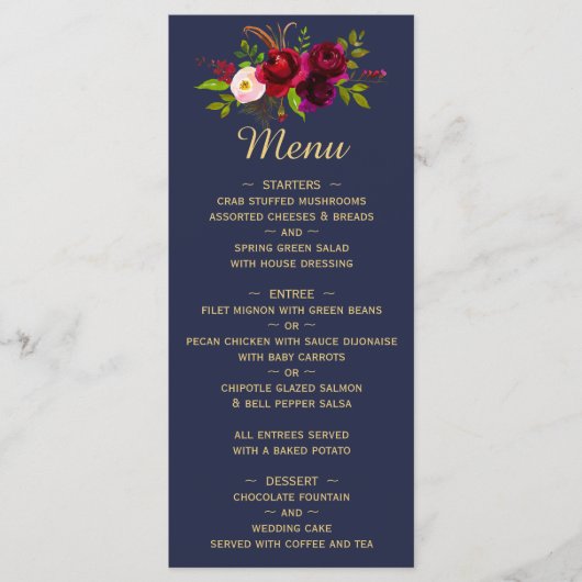 Menu Mariage Fleuris Script Bleu Marine Bourgogne (Devant)