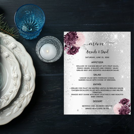Menu mariage Fleurs argentées bordeaux roses