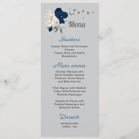 Menu mariage fleurs blanches et bleu marine feuilles ar (Devant)