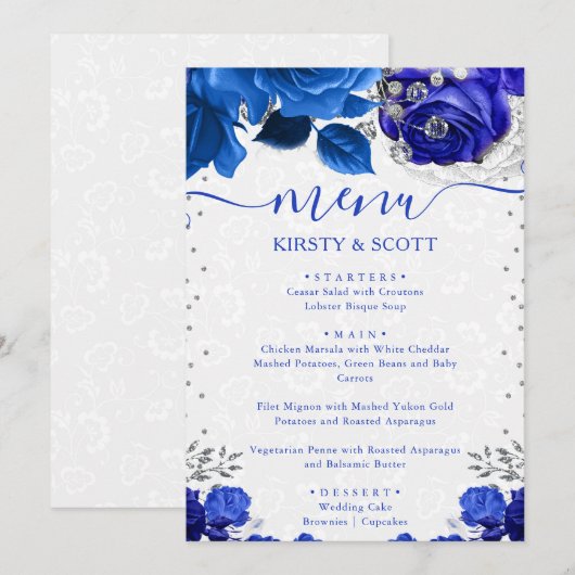 Menu Mariage Fleurs Bleu et Argent Aquarelle (Devant / Derrière)