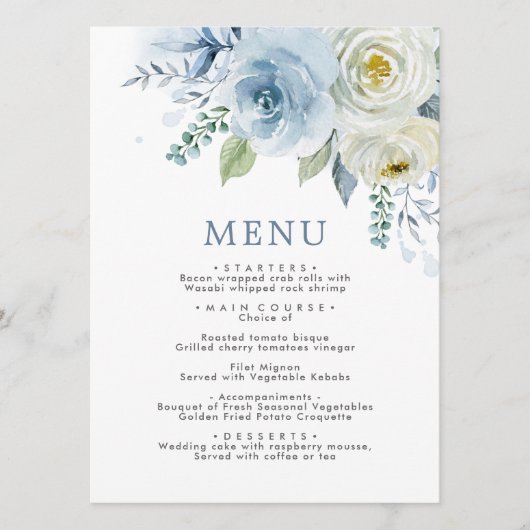 Menu Mariage Fleurs bleu et blanc Dusty (Devant)