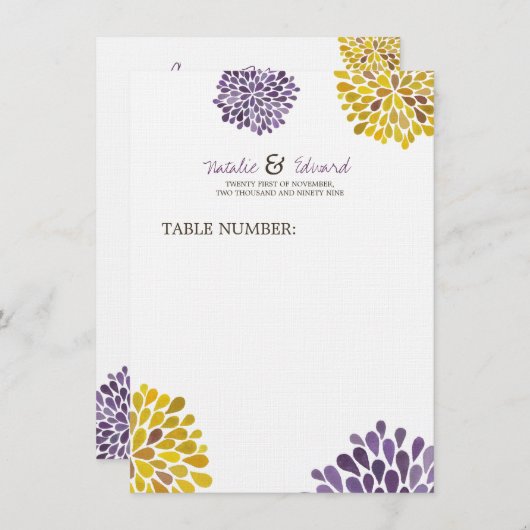 Menu mariage Fleurs Dahlia violettes et jaunes (Devant / Derrière)