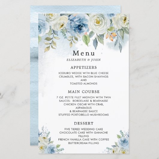 Menu Mariage Fleurs d'aquarelle bleu foncé (Devant / Derrière)