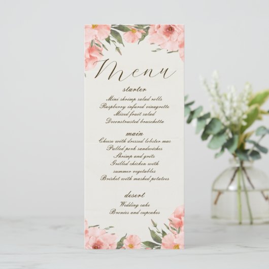 Menu Mariage Fleurs d'aquarelle rose (Debout devant)